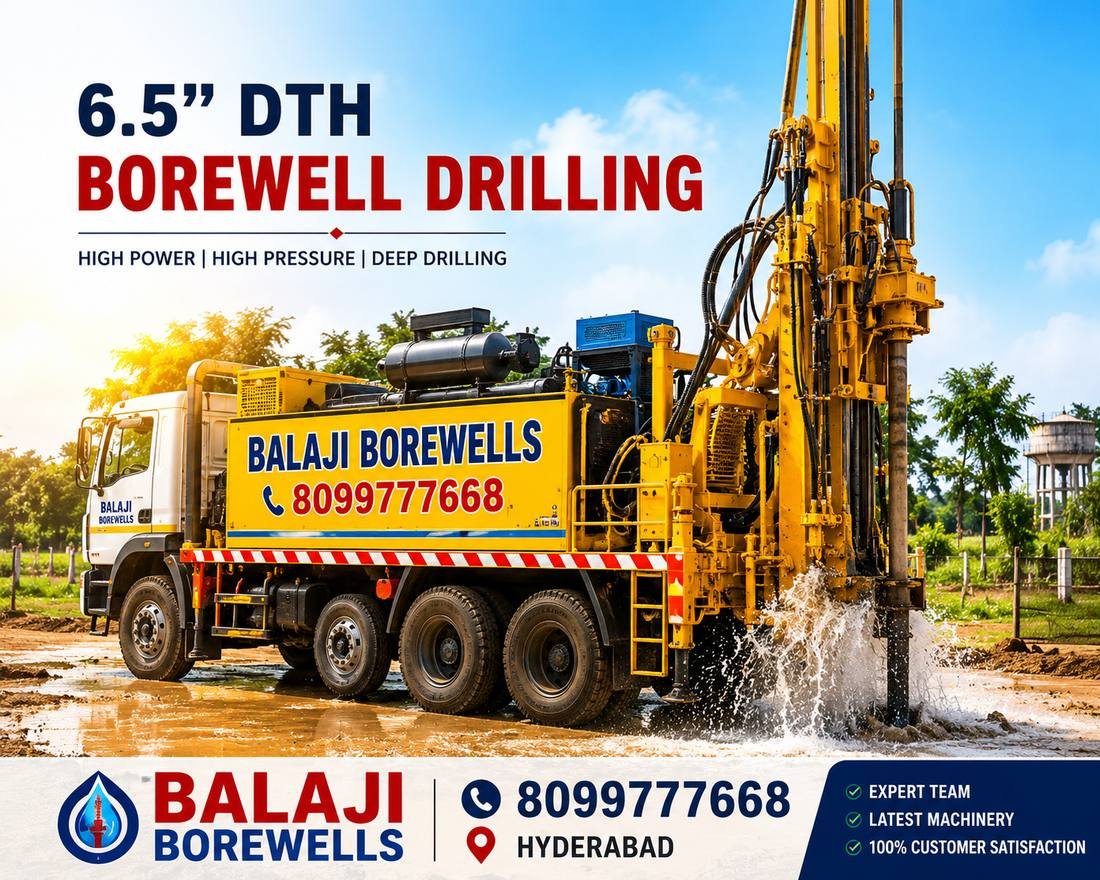 Balaji Borewells 6.5 inch DTH borewell drilling rig truck on site in Hyderabad