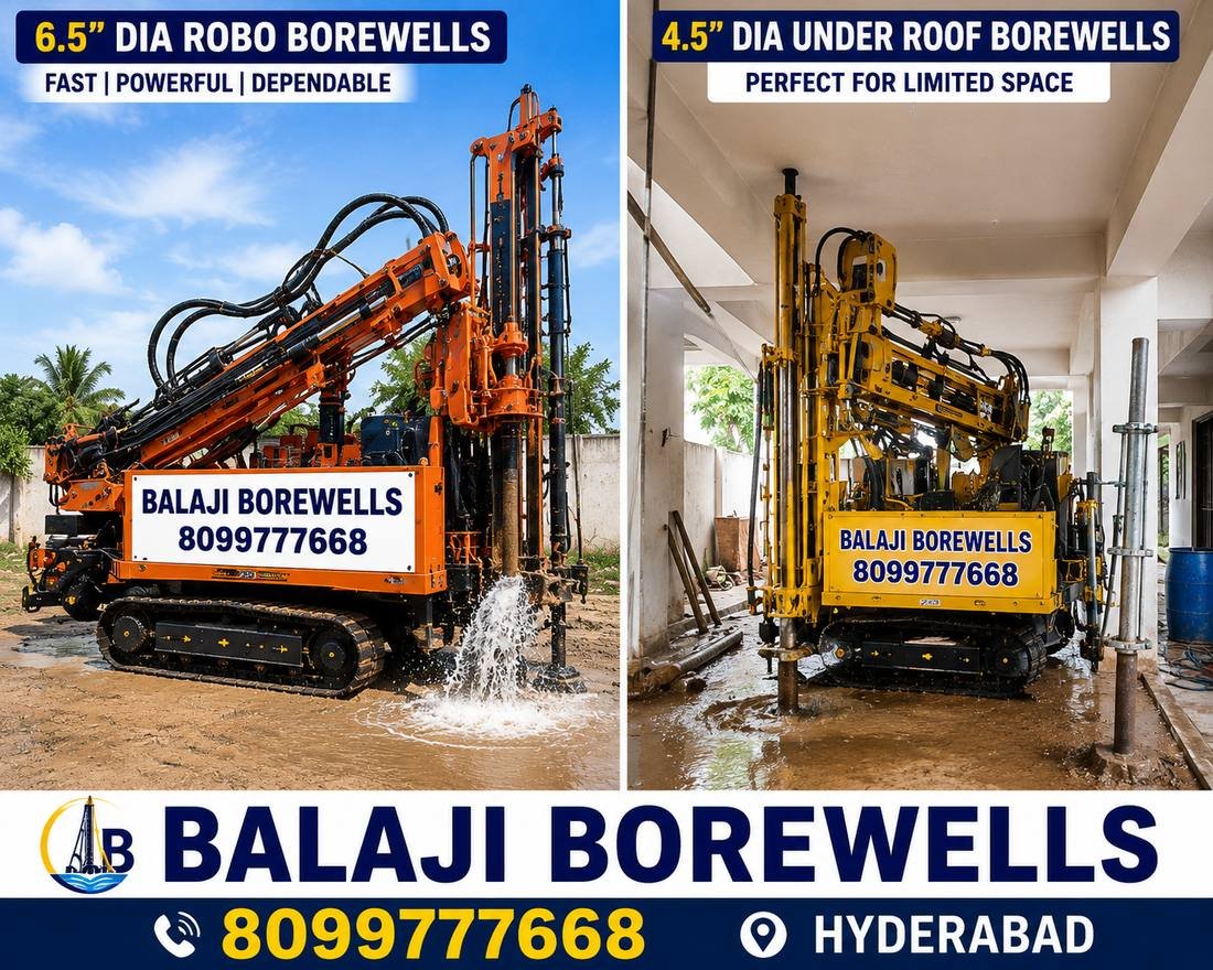 Balaji Borewells robo borewell drilling machine and under roof borewell drilling rig inside building comparison